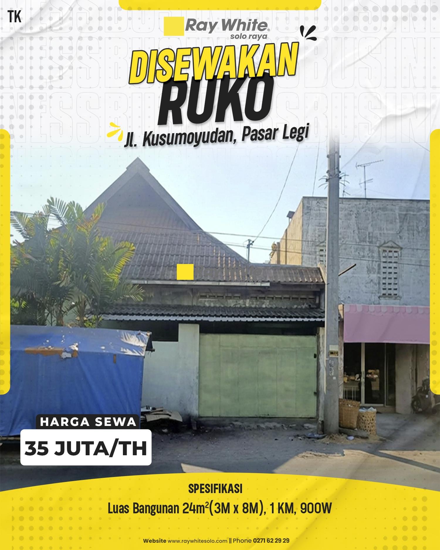 Disewakan Ruko Jl. Kusumoyudan, Pasar Legi