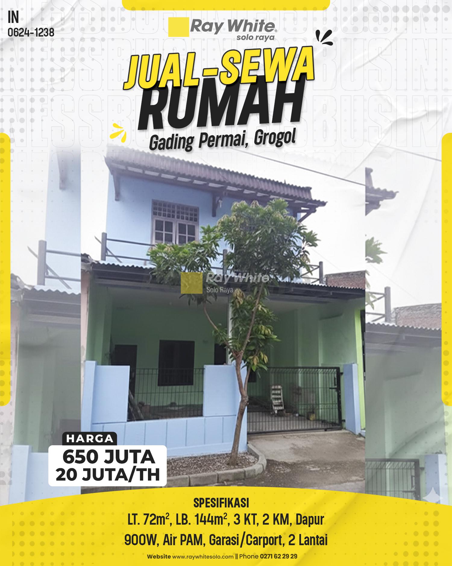 Disewakan Rumah 2 Lantai di Perumahan Gading Permai Area Solo Baru