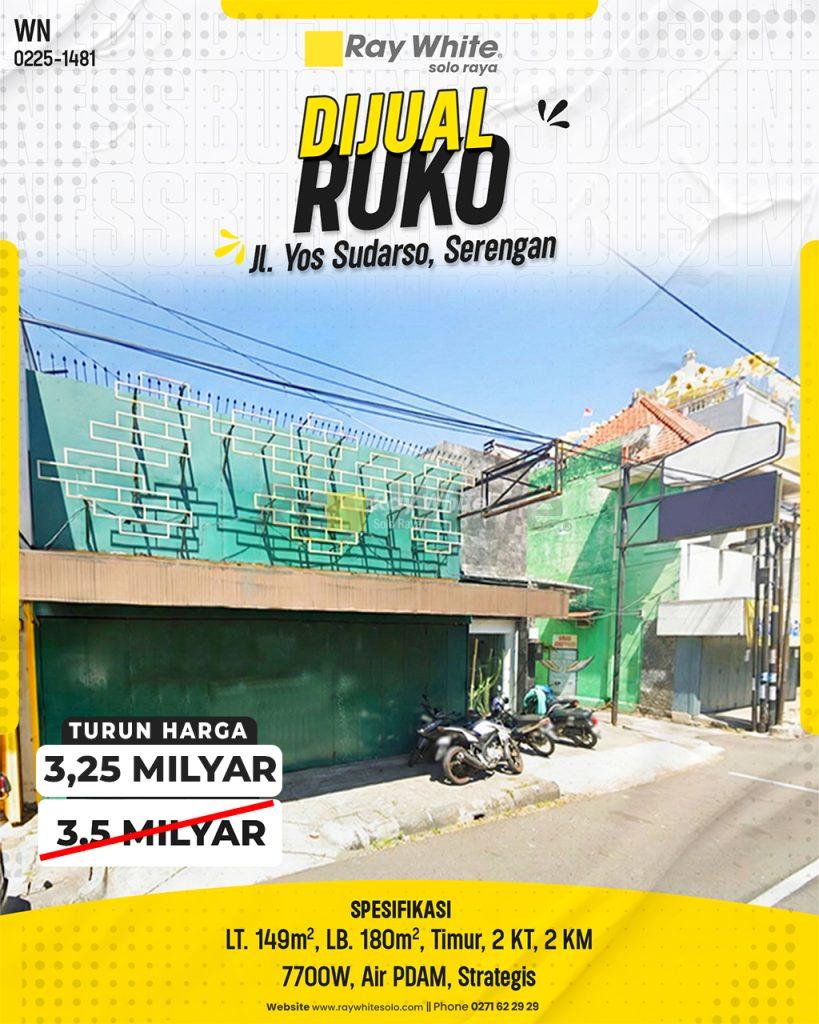 Dijual Ruko Strategis Tengah Kota, Kawasan Pertokoan Ramai Jl. Yos Sudarso, Solo