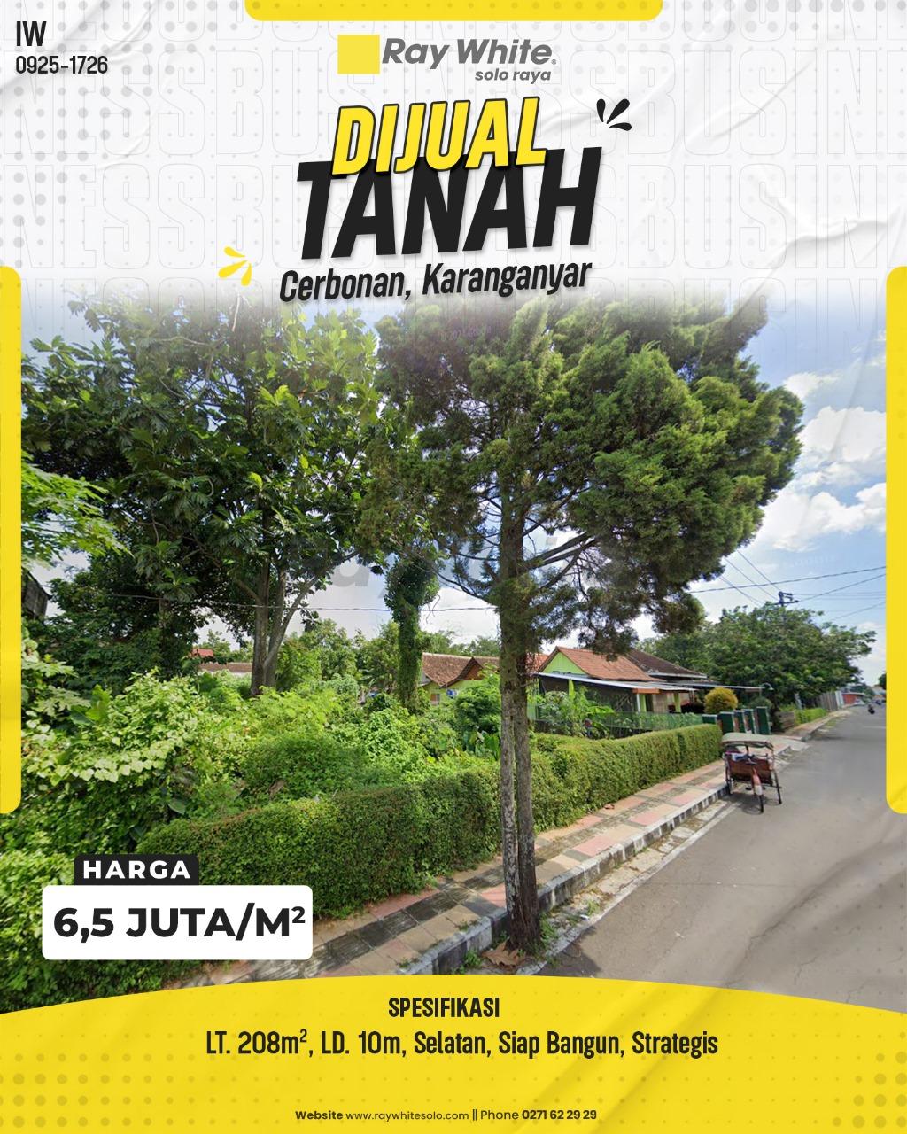 Tanah Kavling 208m² di Cerbonan, Karanganyar