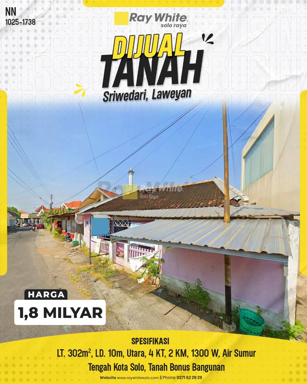 Tanah Luas 302m² di Sriwedari, Laweyan, Jantung Kota Solo, Lebar 10m