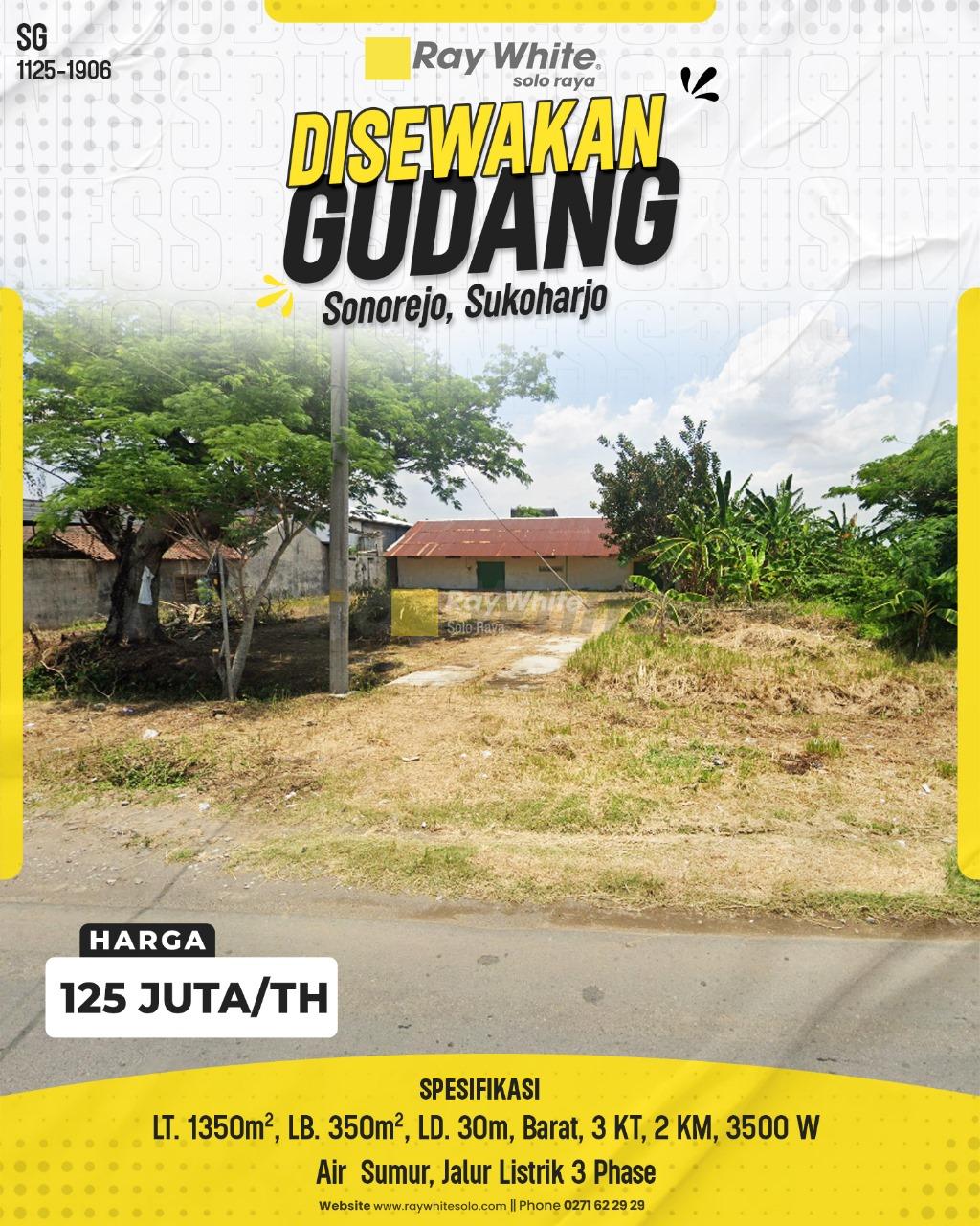 Gudang Sewa Halaman Luas (1350m²) dengan Listrik 3 Phase di Sonorejo, Sukoharjo