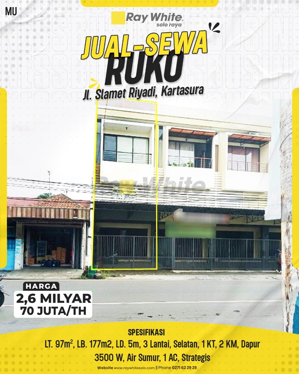 Disewakan Ruko Strategis 3 Lantai di Jl. Slamet Riyadi, Kartasura