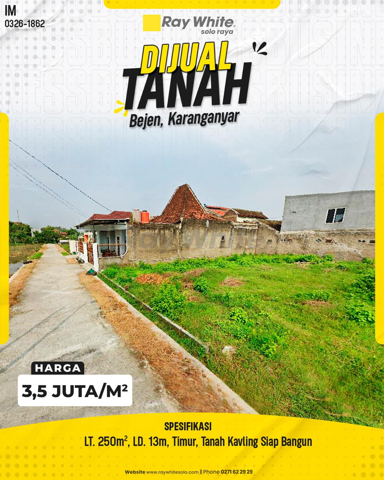 Dijual Tanah Kavling Muka Lebar Siap Bangun Hadap Timur di Bejen Karanganyar