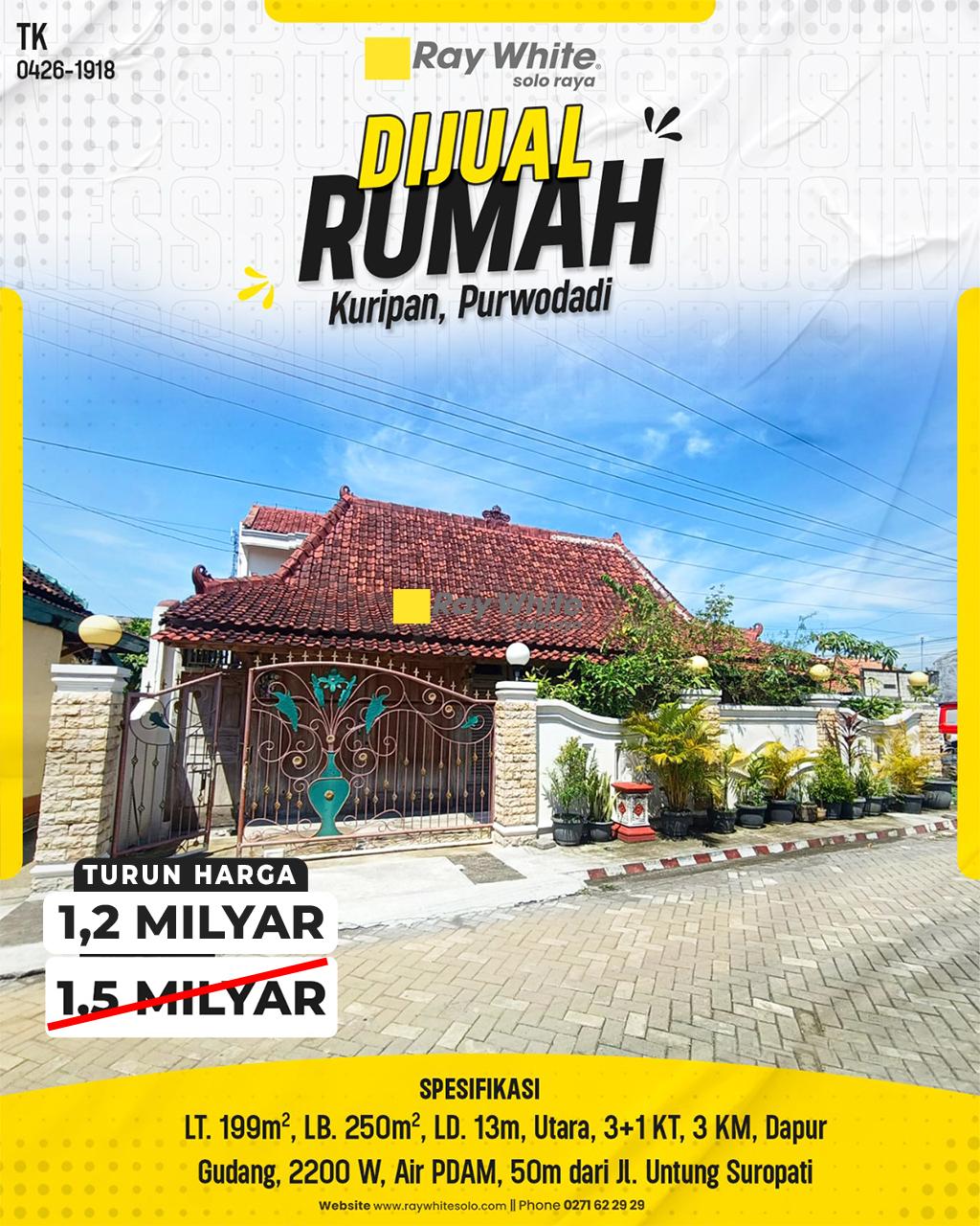 Rumah Etnik Modern di Pusat Kota Purwodadi, Hunian Luas Strategis Selangkah ke Jl. Untung Suropati