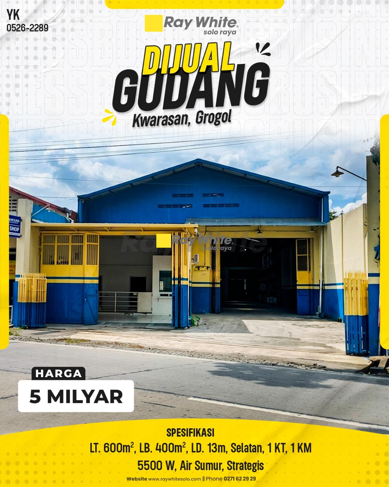Dijual Gudang Strategis 285m² Fasad 12 Meter Hadap Timur di Kawasan Industri Kwarasan Grogol