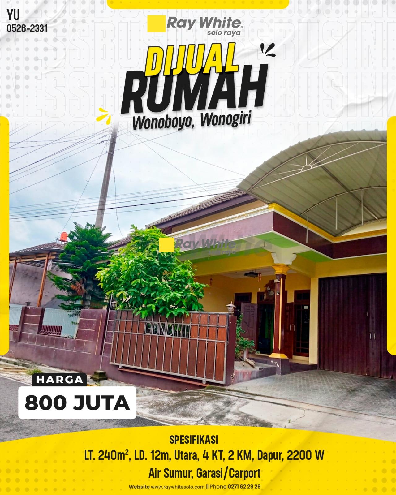 Rumah Dijual di Wonoboyo Wonogiri Luas 240m² Strategis Murah 4 KT