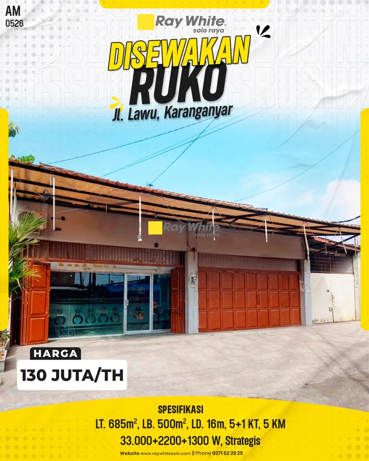 Disewakan Ruko Jl. Lawu, Karanganyar