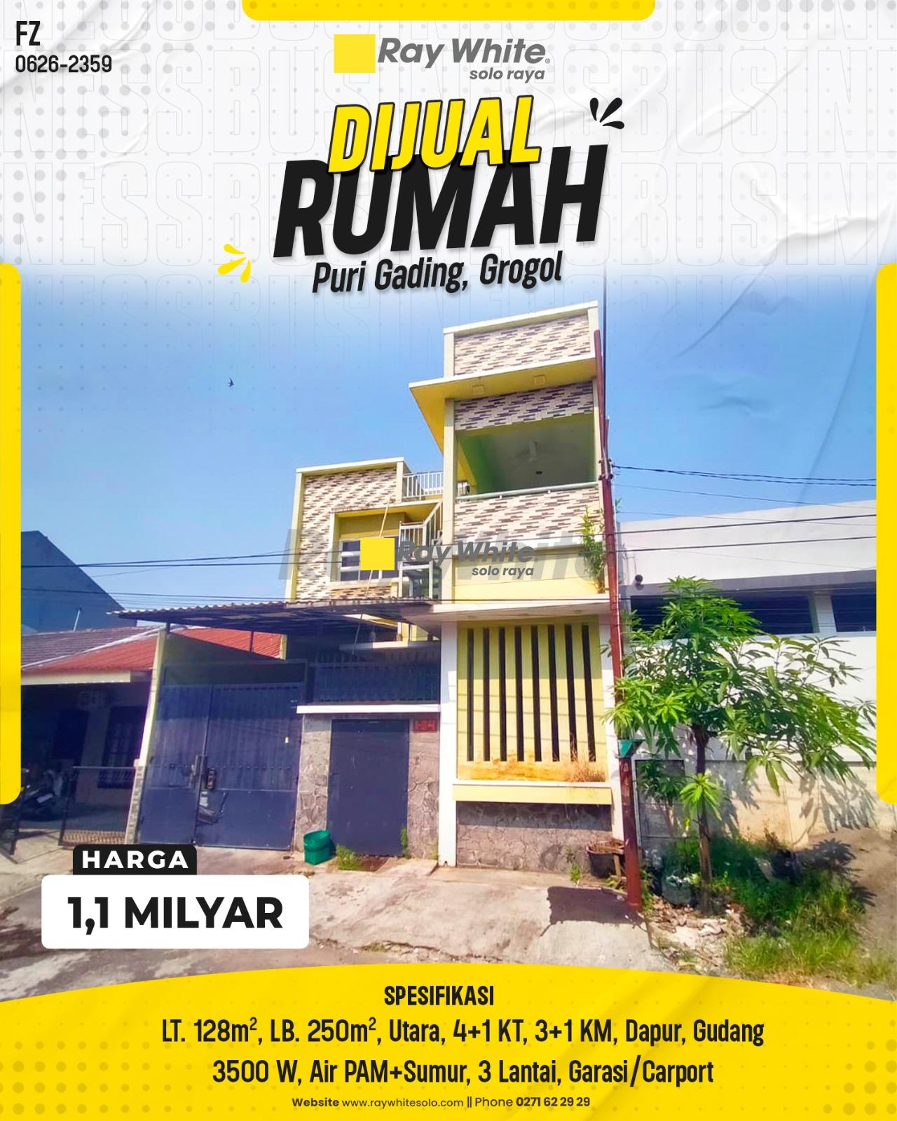Rumah Mewah Minimalis 3 Lantai Siap Huni di Perum Puri Gading Grogol Sukoharjo