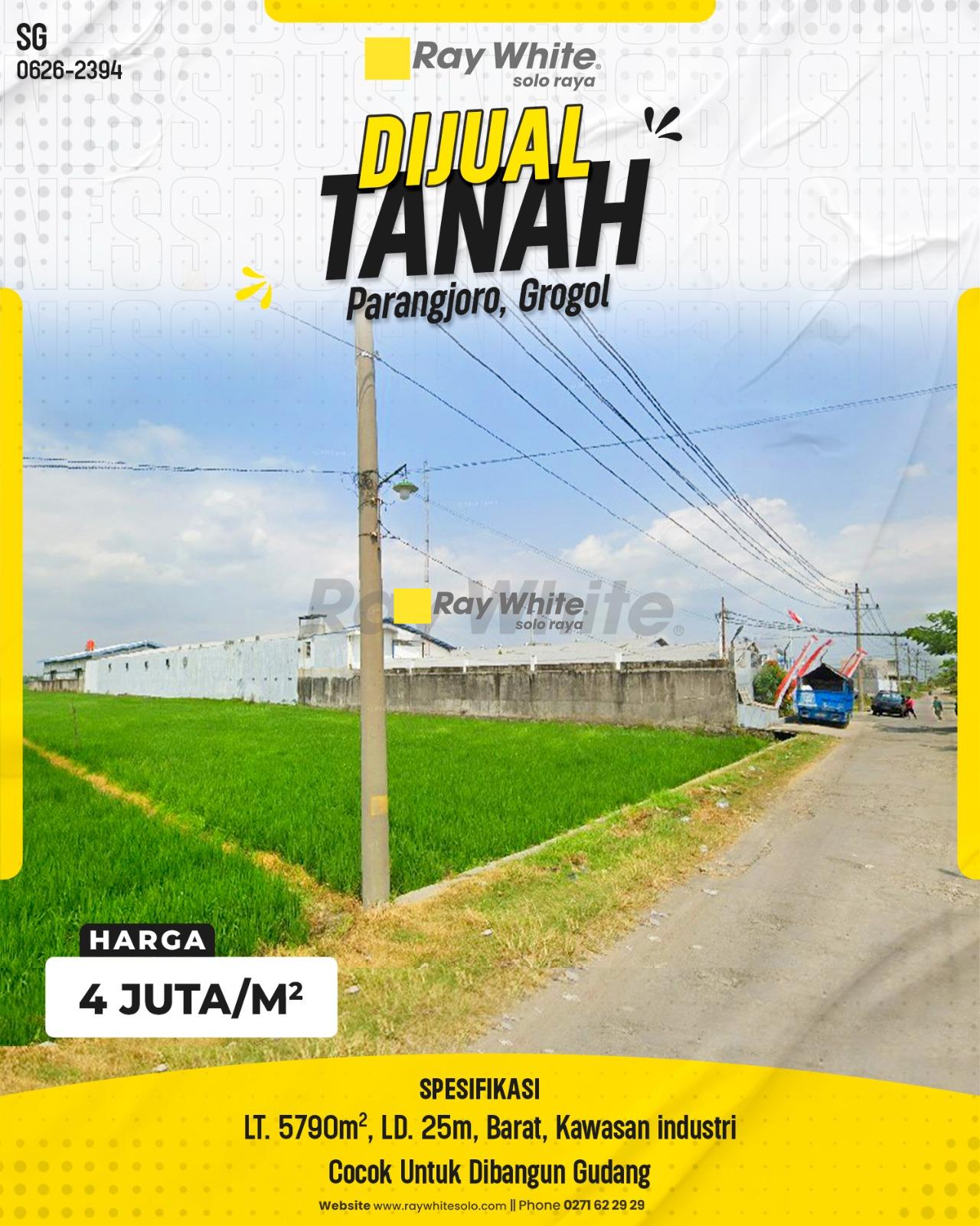 Tanah Sawah Premium Luas Lebar Depan 25m Hadap Barat di Kawasan Industri Parangjoro Grogol Sukoharjo