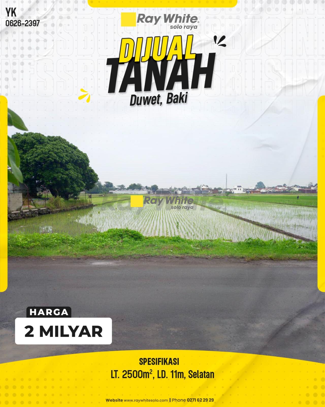 Tanah sawah Super Luas Lebar Depan 11m Hadap Selatan Prospektif di Duwet Baki Sukoharjo
