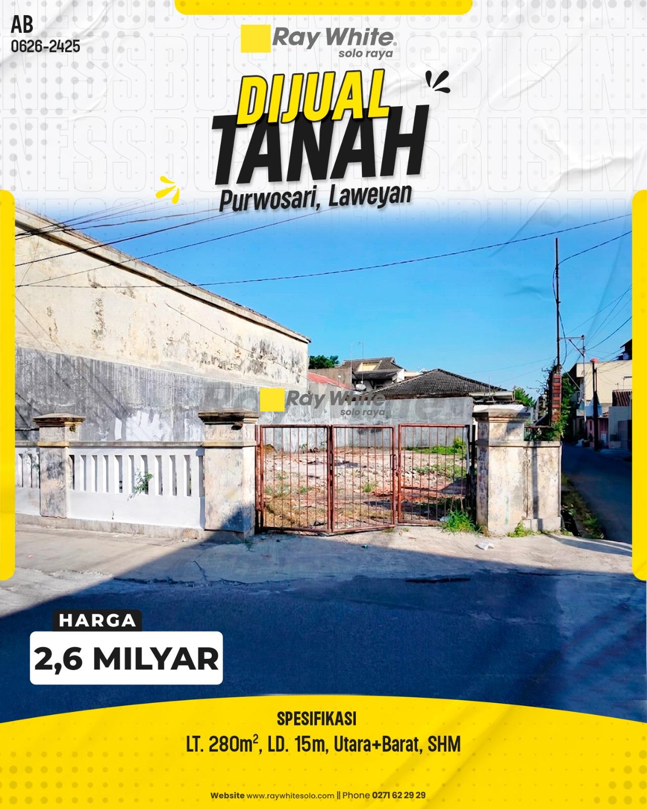 Dijual Tanah Kavling Premium Posisi Hook Luas 280m² Lebar Depan 15m Hadap Utara-Barat SHM di Purwosari Laweyan Surakarta