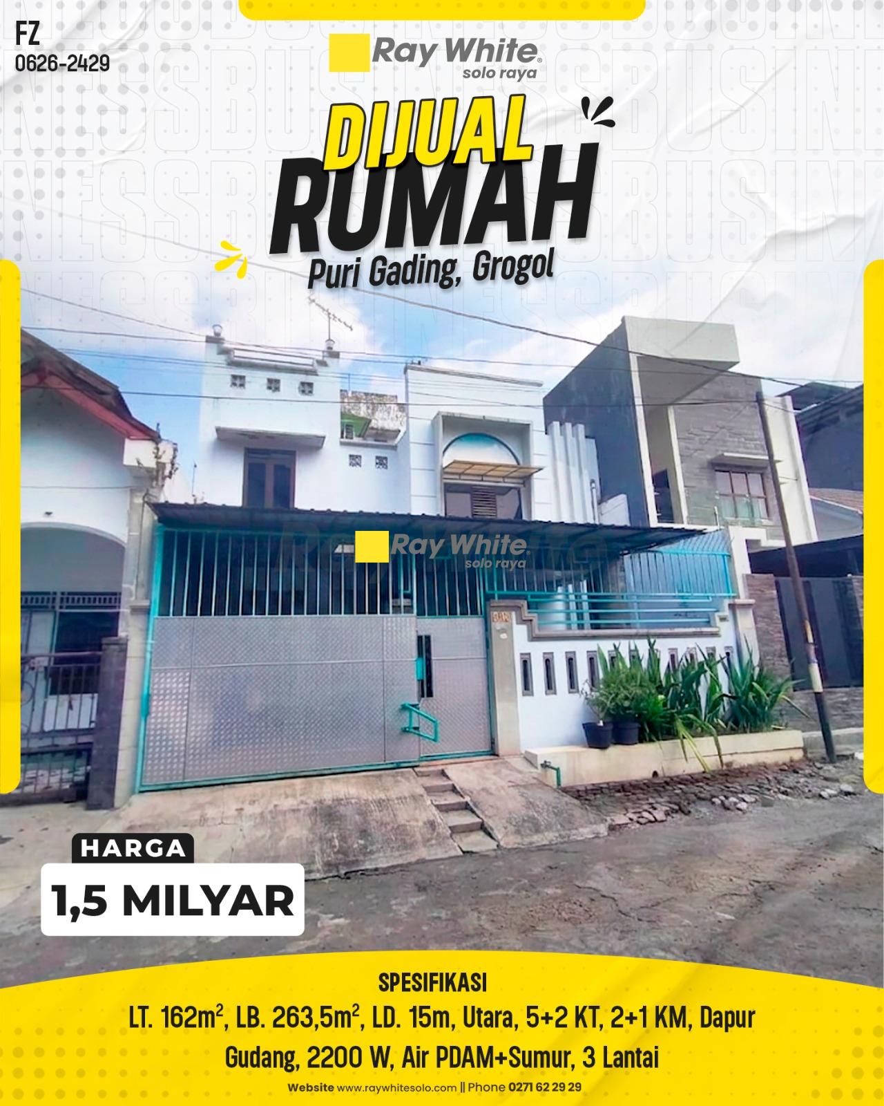 Rumah Mewah Megah 3 Lantai Lebar Depan 15m Hadap Utara Siap Huni di Kompleks Elit Puri Gading Grogol Sukoharjo