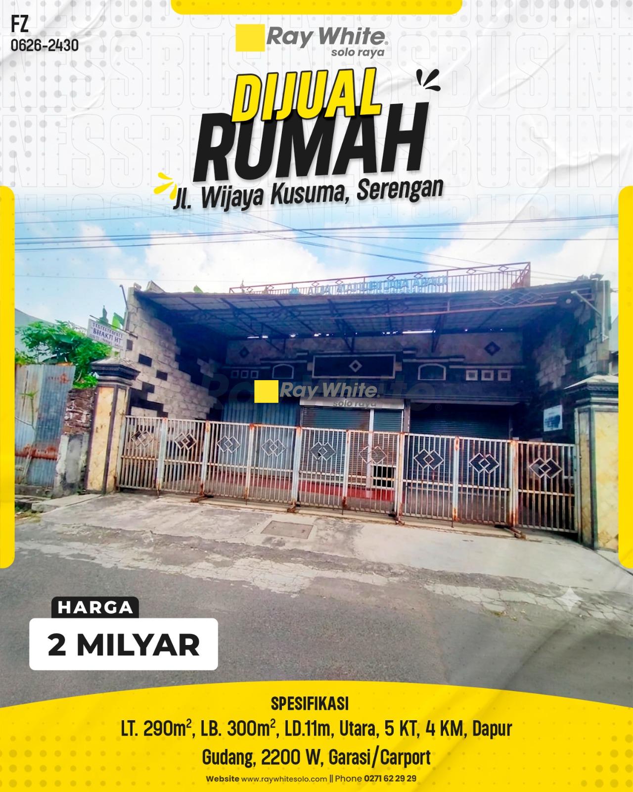 Rumah Tinggal Masif Lebar Depan 11m Hadap Utara Strategis Prospektif Usaha di Koridor Jl. Wijaya Kusuma Tipes Serengan Surakarta