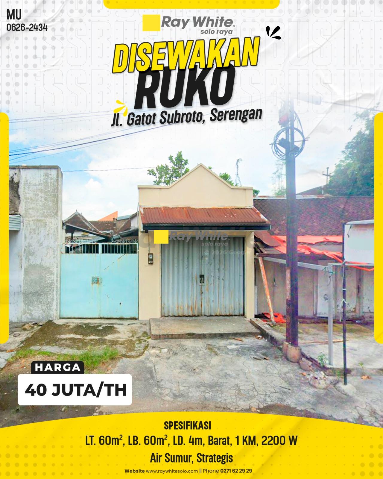 Disewakan Ruko Fungsional Hadap Barat Siap Usaha Jl. Gatot Subroto Kratonan Serengan Surakarta