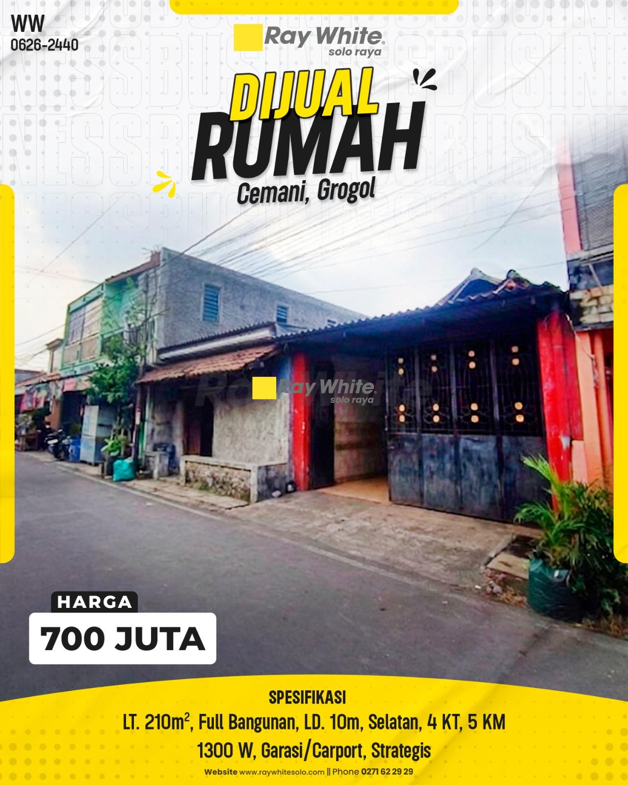 Dijual Rumah Luas Lebar Depan 10m Hadap Selatan Strategis Siap Huni di Jl. Sidomulyo Cemani Grogol Sukoharjo