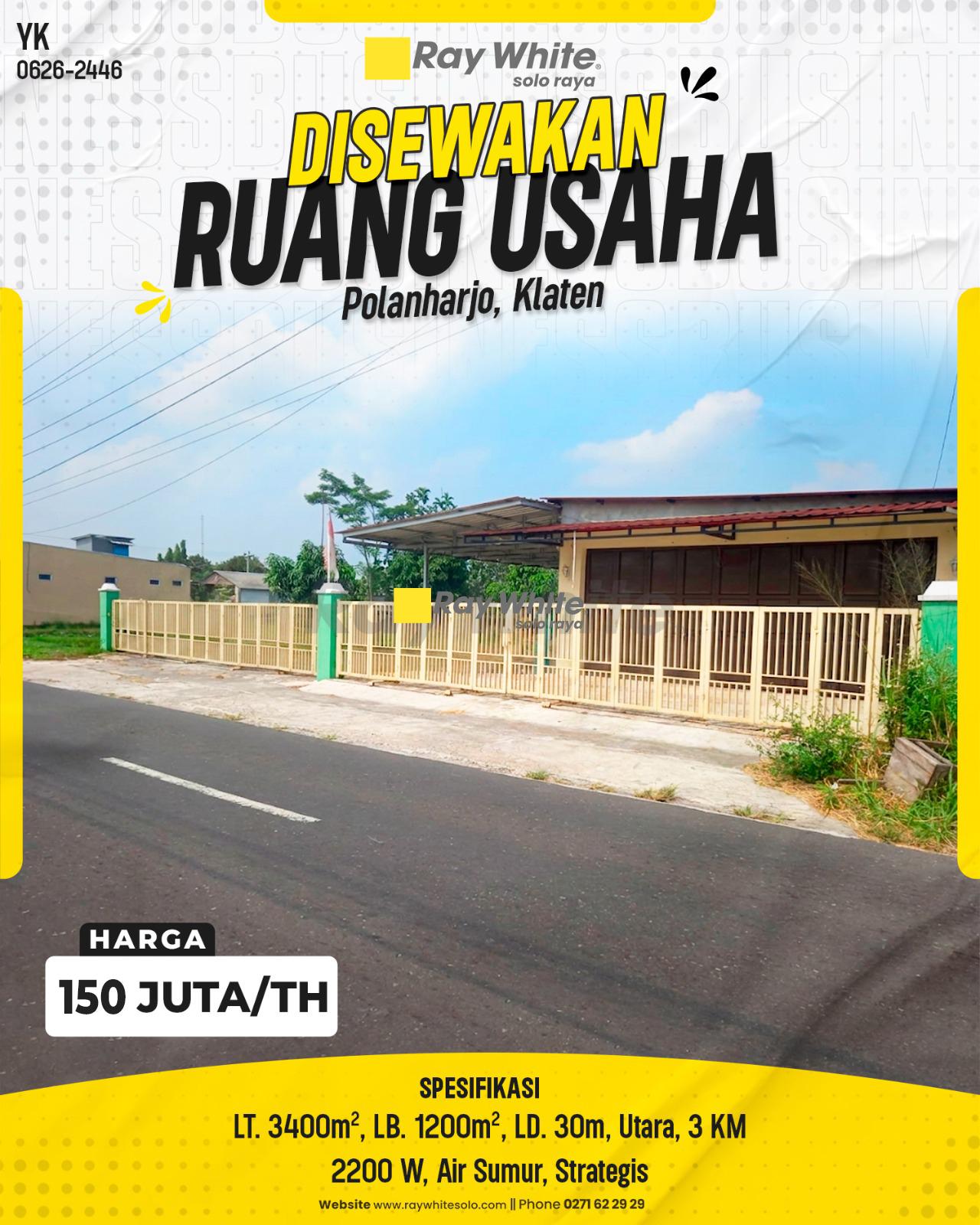 Disewakan Ruang Usaha Komersial Super Luas 3400m² Lebar Depan 30m Hadap Utara Strategis di Jalur Wisata Jl. Sidowayah-Janti Polanharjo Klaten