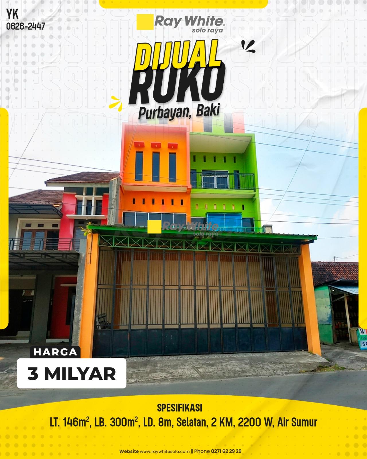 Dijual Ruko Megah 3 Lantai Warna Ikonik Lebar Depan 8m Hadap Selatan Strategis Berkembang di Purbayan Baki Sukoharjo