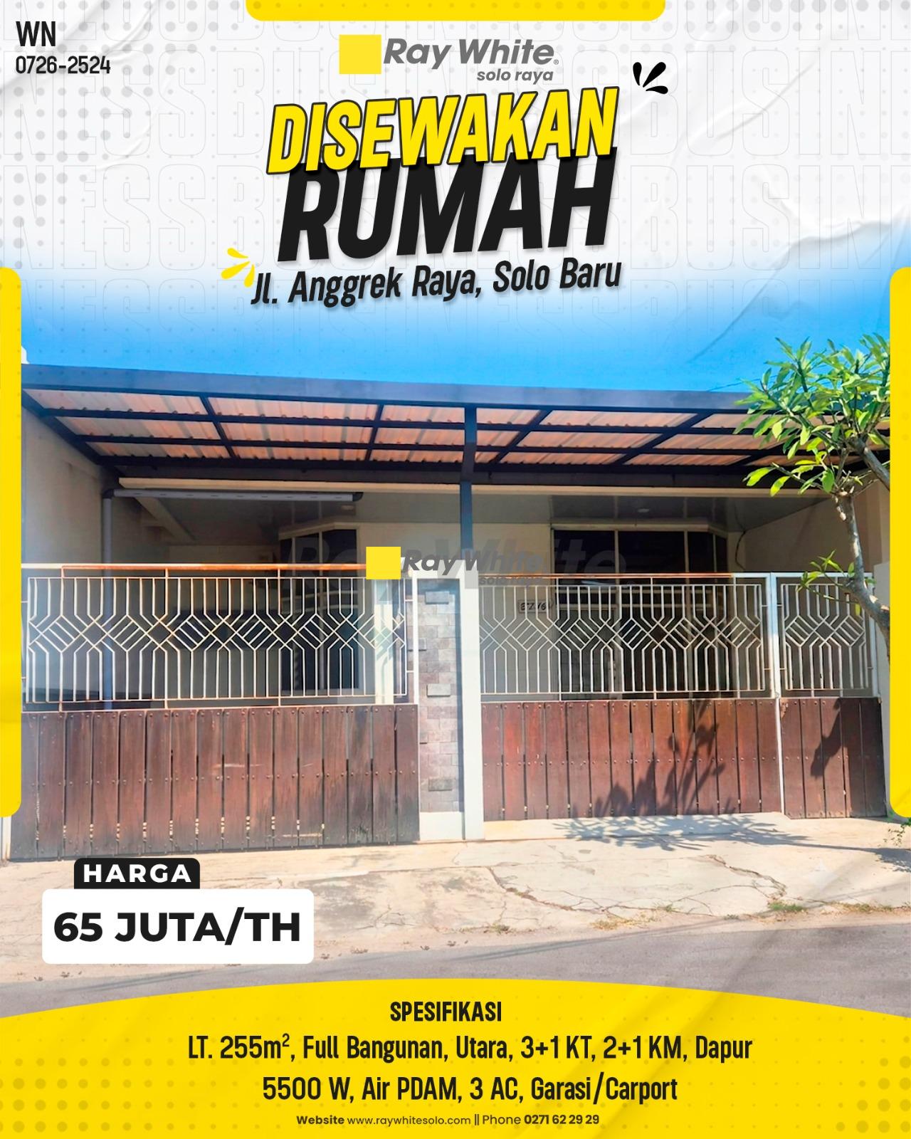 Sewa Rumah Nyaman Luas Full Bangunan di Jl. Anggrek Raya Solo Baru Grogol Sukoharjo