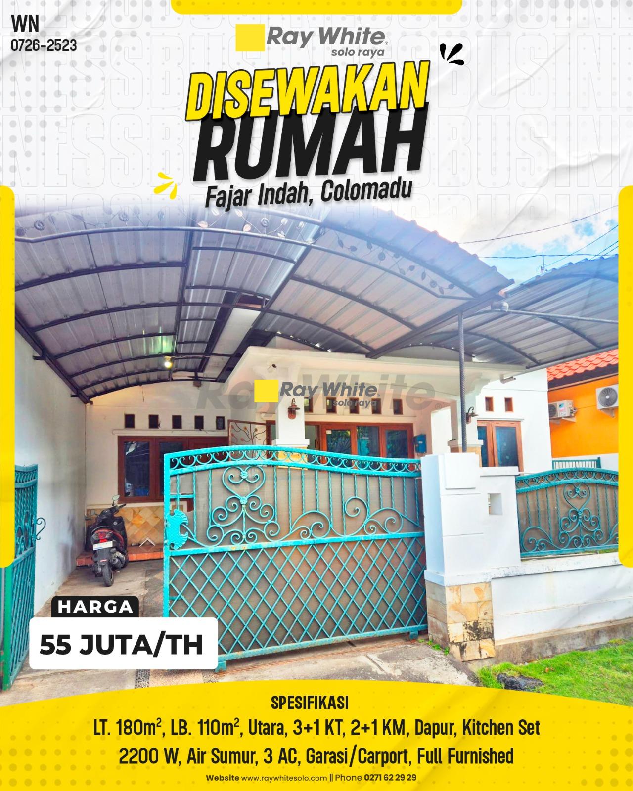 Sewa Rumah Fully Furnished Nyaman & Strategis di Jl. Permata Fajar Indah Colomadu Karanganyar