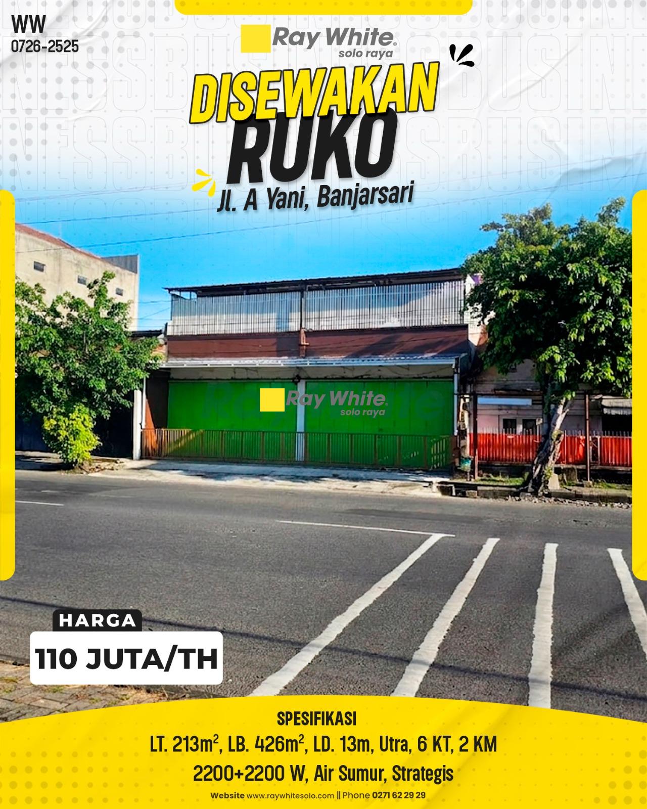 Sewa Ruko 2 Lantai Super Luas Strategis Pinggir Jalan Raya Utama Ahmad Yani Banjarsari Solo