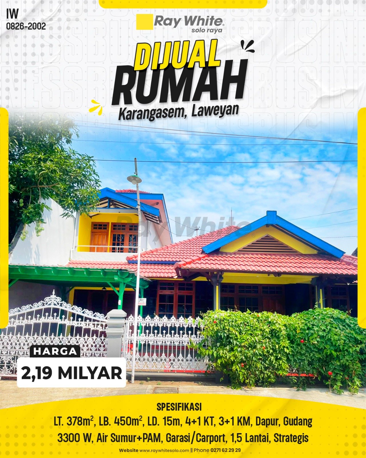 Rumah Luas 1,5 Lantai LT 378m² LB 450m² Muka Lebar 15m SHM Strategis Dekat UMS & Solo Square di Jl. Sawo Jajar Karangasem Laweyan Surakarta
