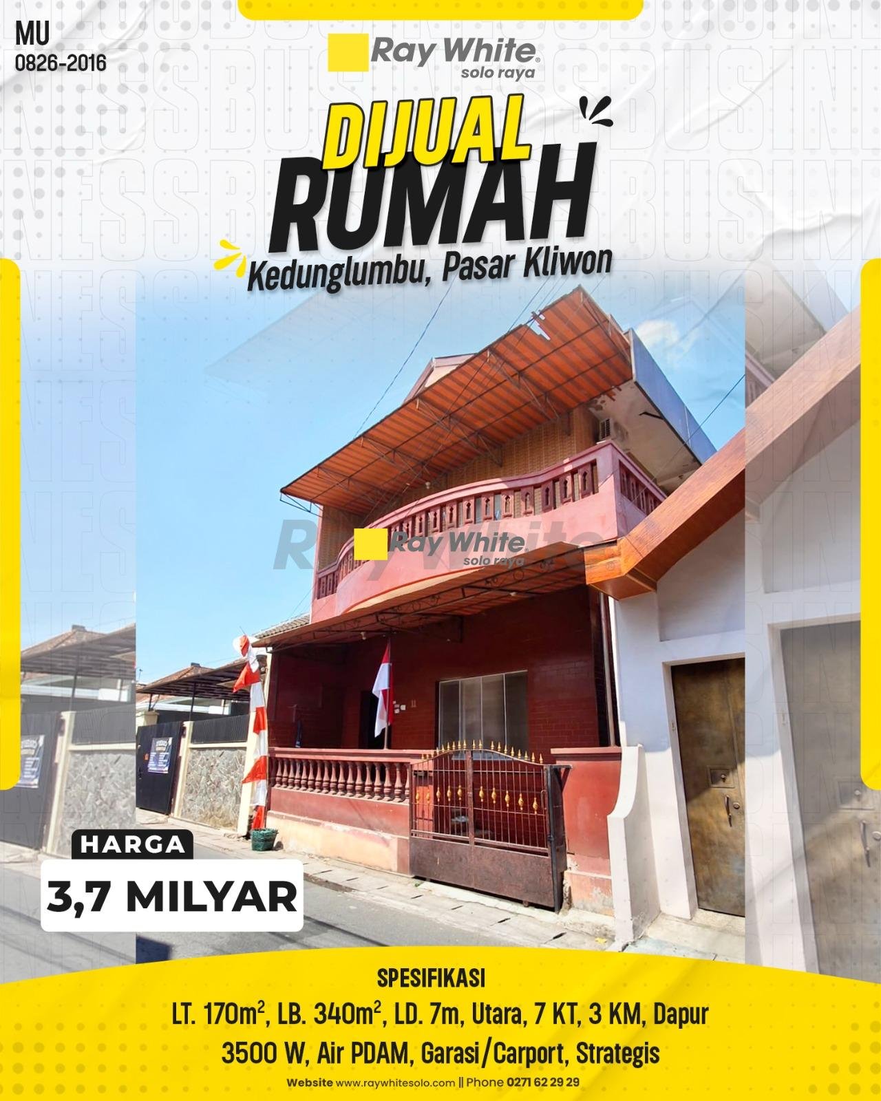Rumah 2 Lantai LT 170m² LB 340m² LD 7m Hadap Utara 7 KT 3 KM Listrik 3500W Air PDAM di Kedunglumbu Pasar Kliwon Surakarta (Pusat Kota Solo)
