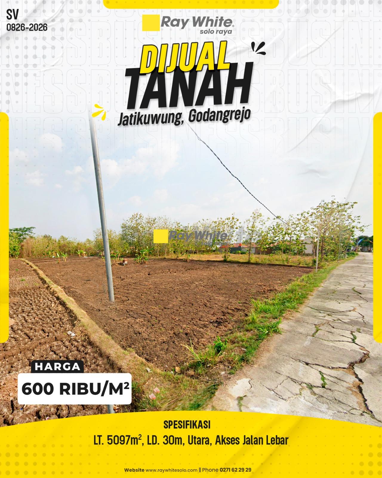 Tanah Pekarangan Super Luas LT 5097m² LD 30m Hadap Utara Tepi Jl. Azzaria Raya Jatikuwung Gondangrejo Karanganyar (Dekat Akses Tol Gondangrejo & Kawasan Perumahan/Industri)