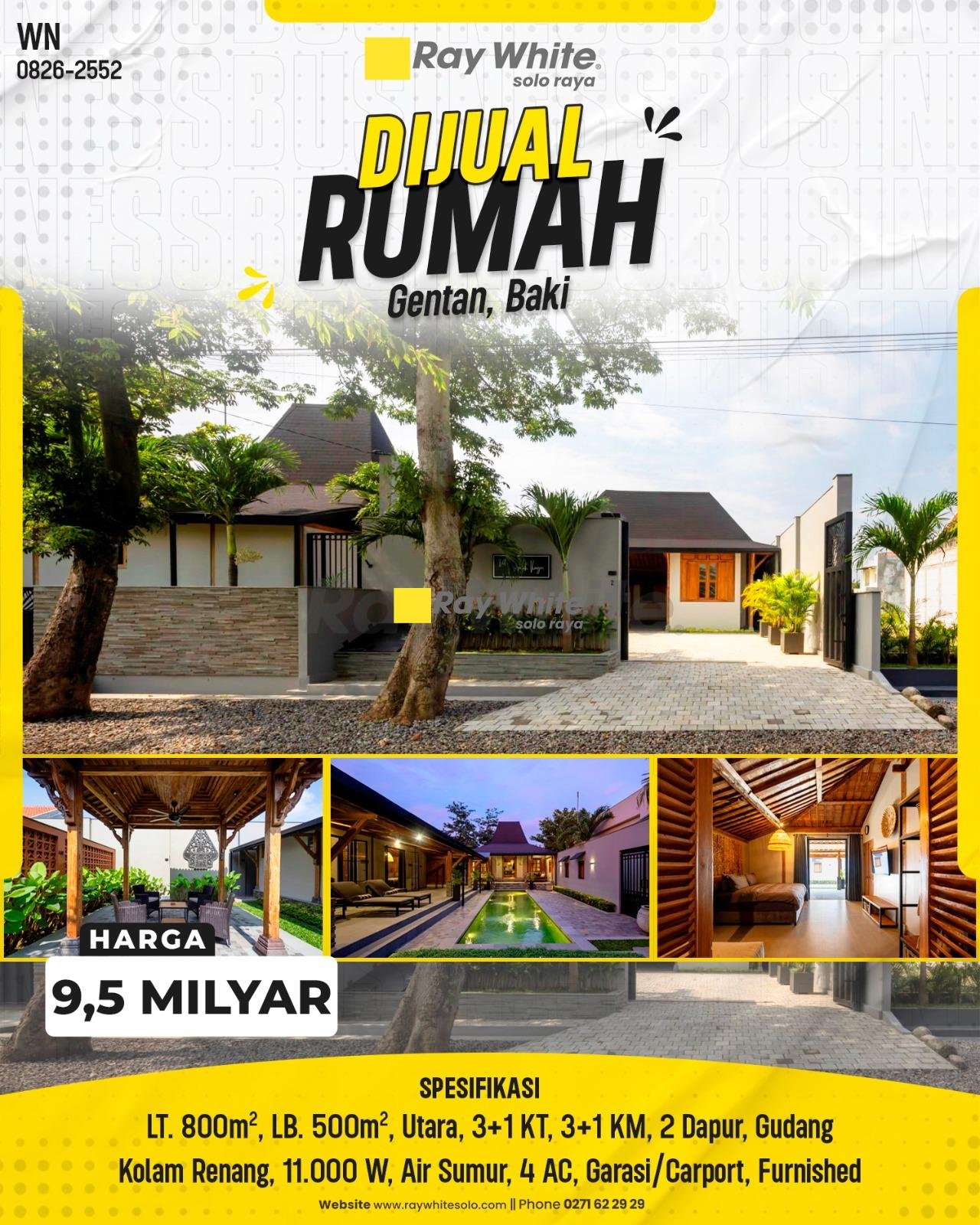 Rumah Mewah Konsep Villa Resort LT 800m² LB 500m² Hadap Utara Fully Furnished + Kolam Renang Listrik 11.000W di Gentan Baki Sukoharjo