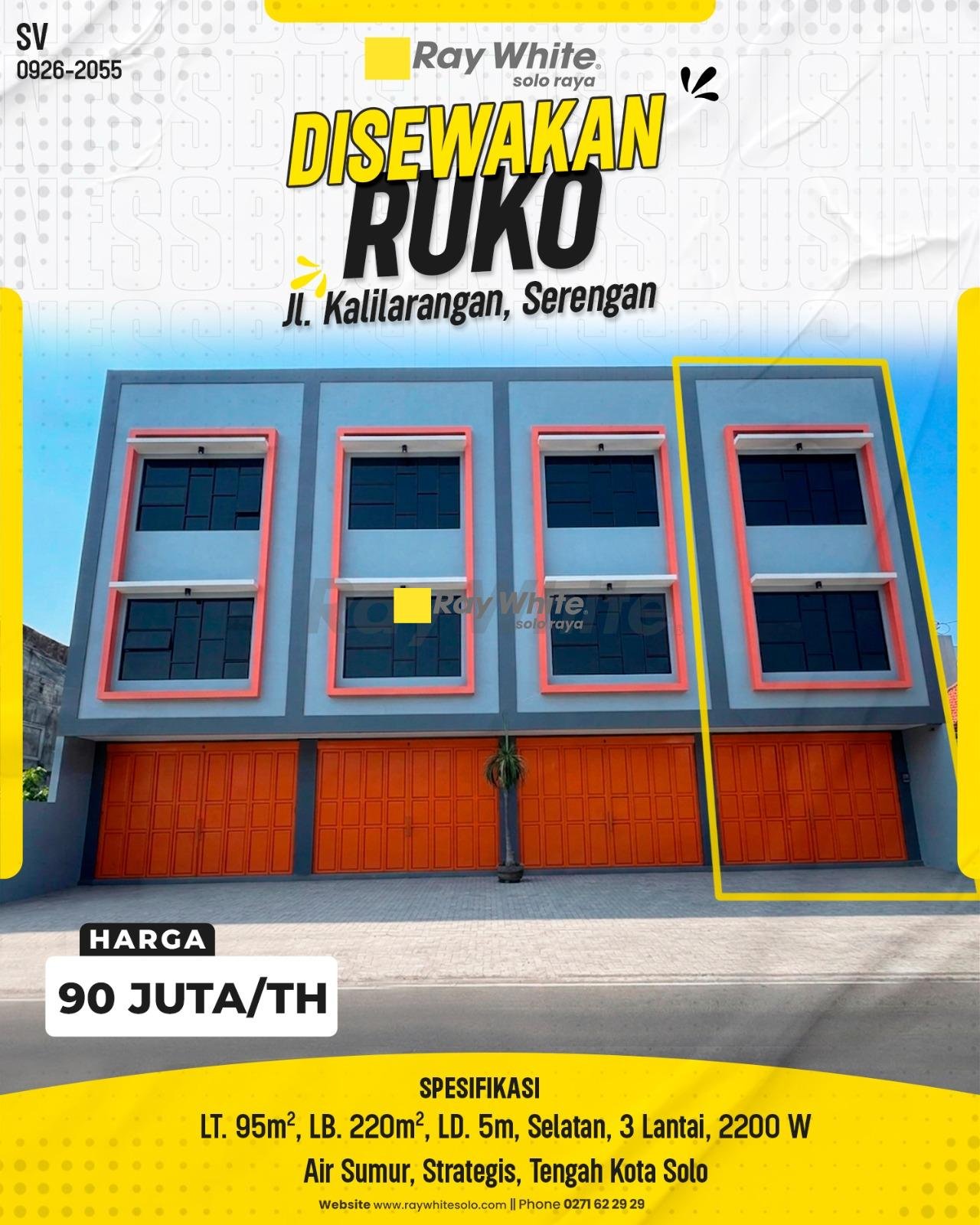 DISEWAKAN RUKO 3 LANTAI STRATEGIS DI JL. KALILARANGAN, SERENGAN, SURAKARTA