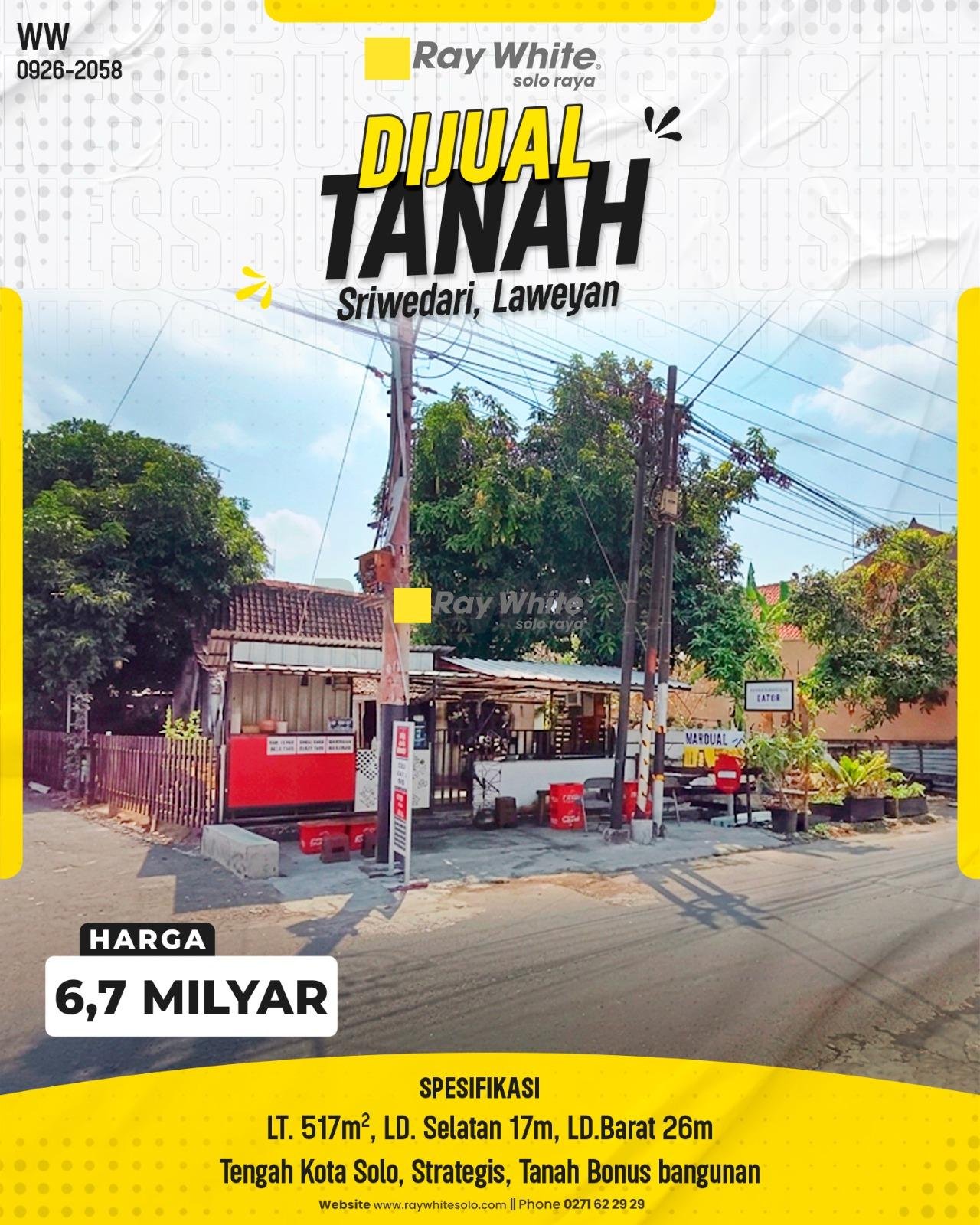 DIJUAL TANAH HOOK STRATEGIS DI SRIWEDARI, LAWEYAN, SURAKARTA