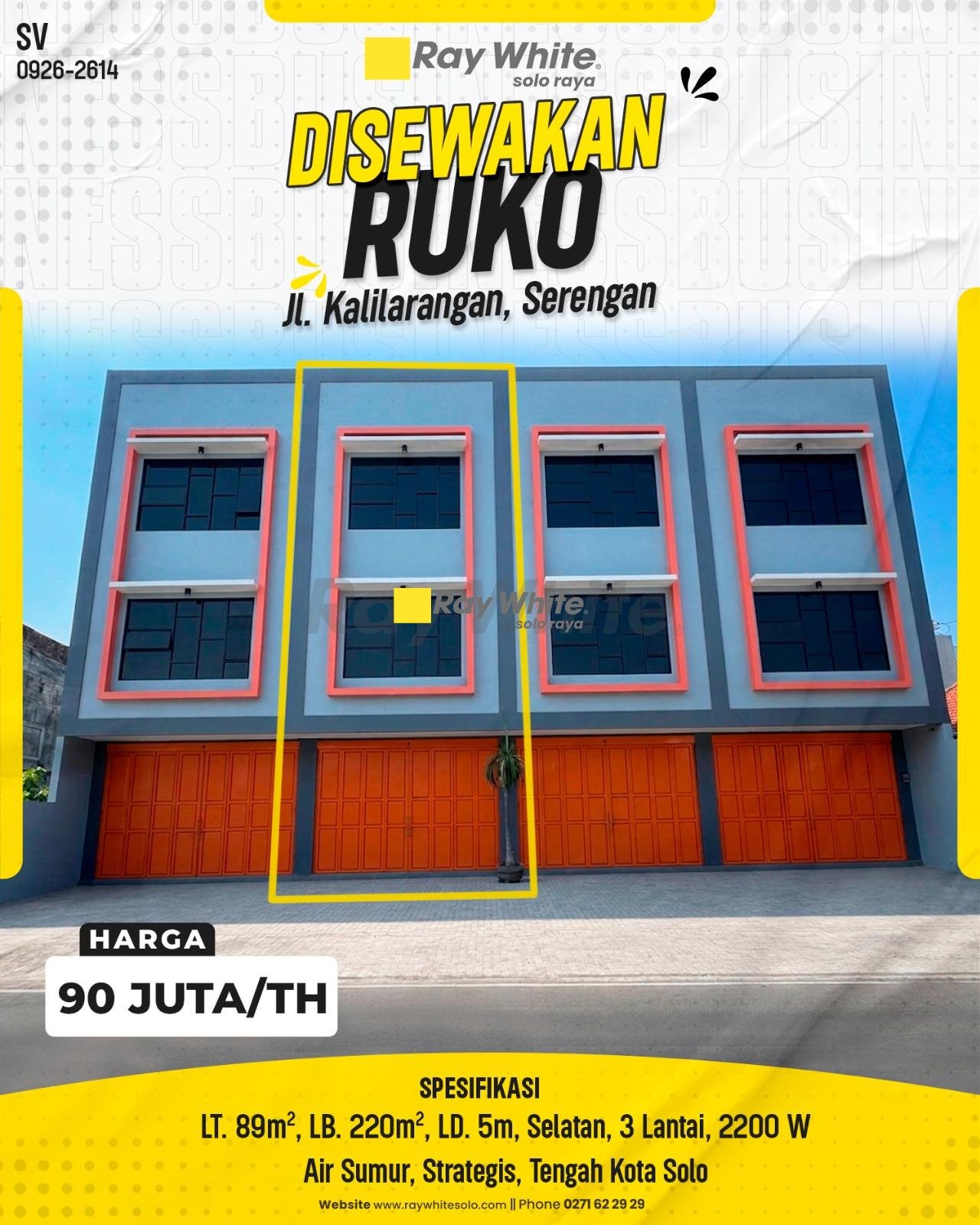 DISEWAKAN RUKO 3 LANTAI STRATEGIS DI JL. KALILARANGAN, SERENGAN, SURAKARTA