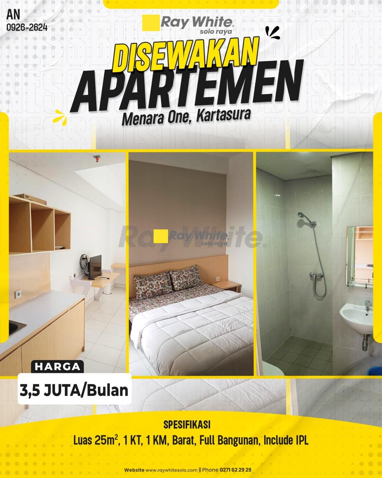 DISEWAKAN ( perbulan ) APARTEMEN FULL FURNISHED DI APARTEMEN MENARA ONE, PABELAN, KARTASURA, SUKOHARJO