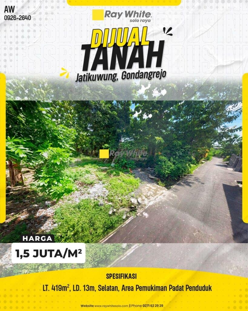 DIJUAL TANAH PEKARANGAN STRATEGIS DI JATIKUWUNG, GONDANGREJO, KARANGANYAR