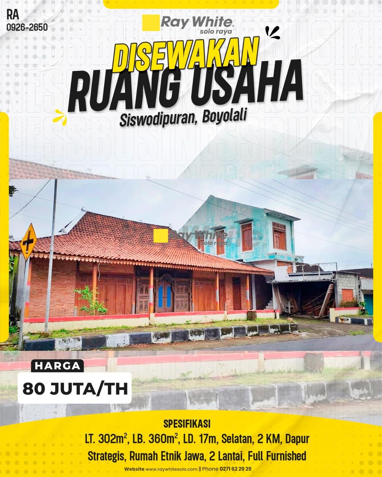 DISEWAKAN RUANG USAHA / RUMAH ETNIK JAWA 2 LANTAI FULL FURNISHED DI JL. PISANG, SISWODIPURAN, BOYOLALI