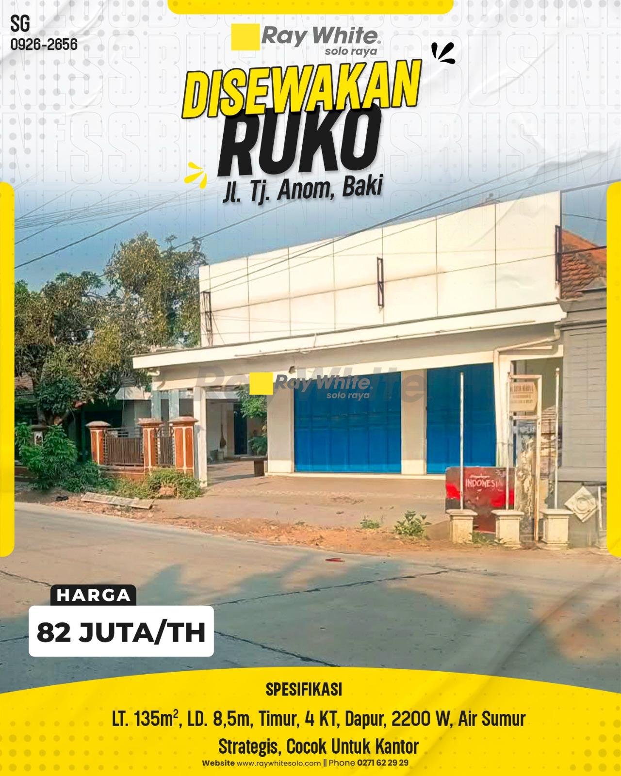 DISEWAKAN RUKO STRATEGIS DENGAN FUNGSI KANTOR / TEMPAT USAHA DI JL. TJ. ANOM, TINGGEN, BENTAKAN, BAKI, SUKOHARJO