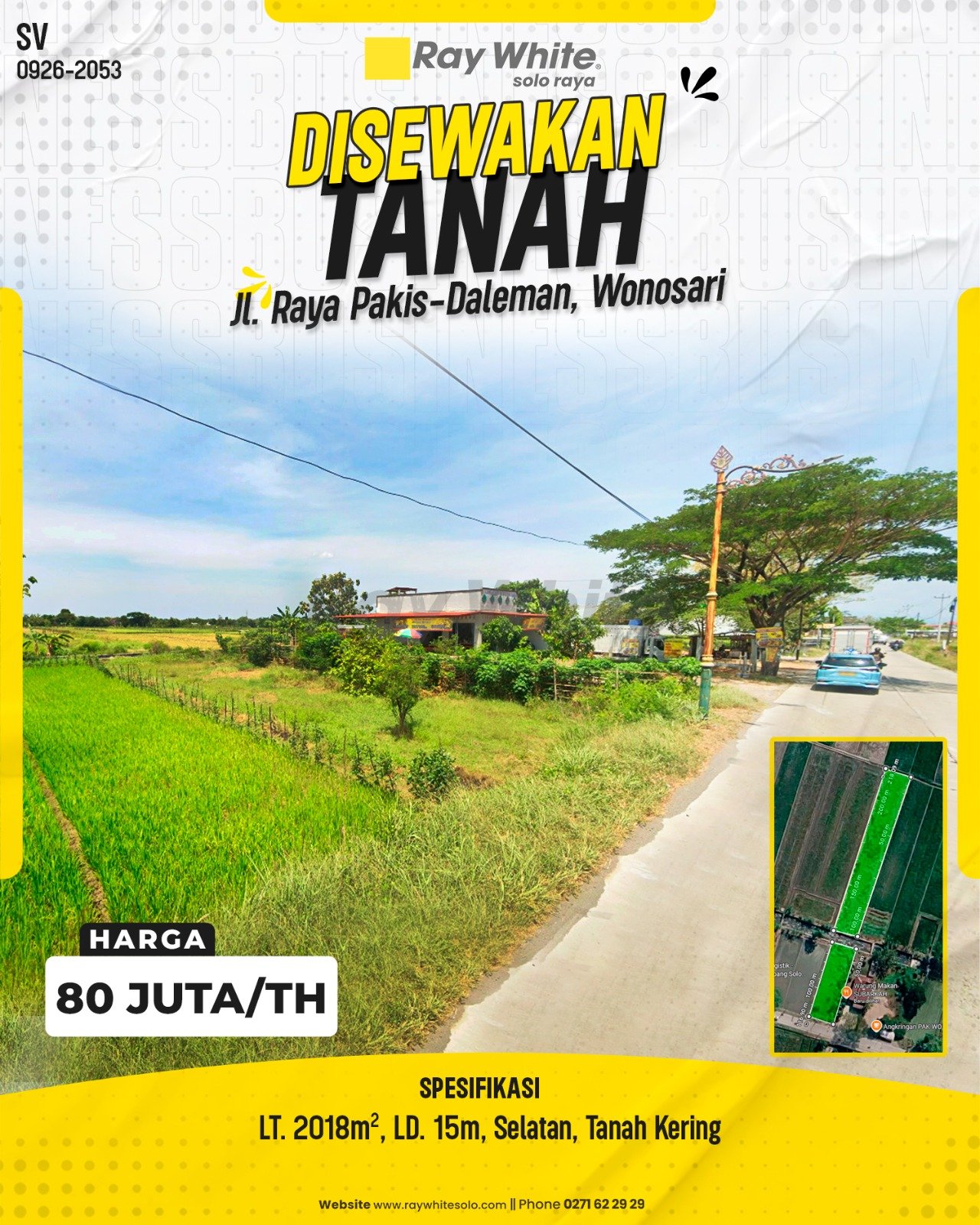 DISEWAKAN TANAH KERING STRATEGIS LUAS 2.018 M² DI WADUNGGETAS, WONOSARI, KLATEN